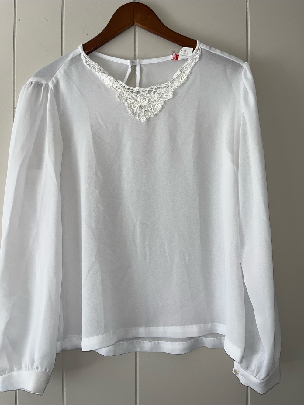 Sisley White Lace-Trim Long Sleeve Blouse